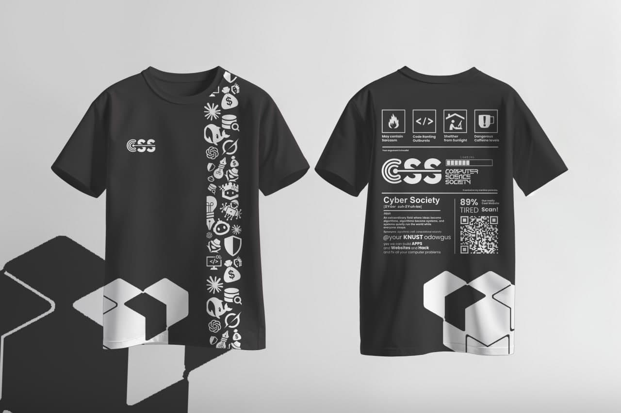Dark Mode: Black CSS Tee with White print, front and back