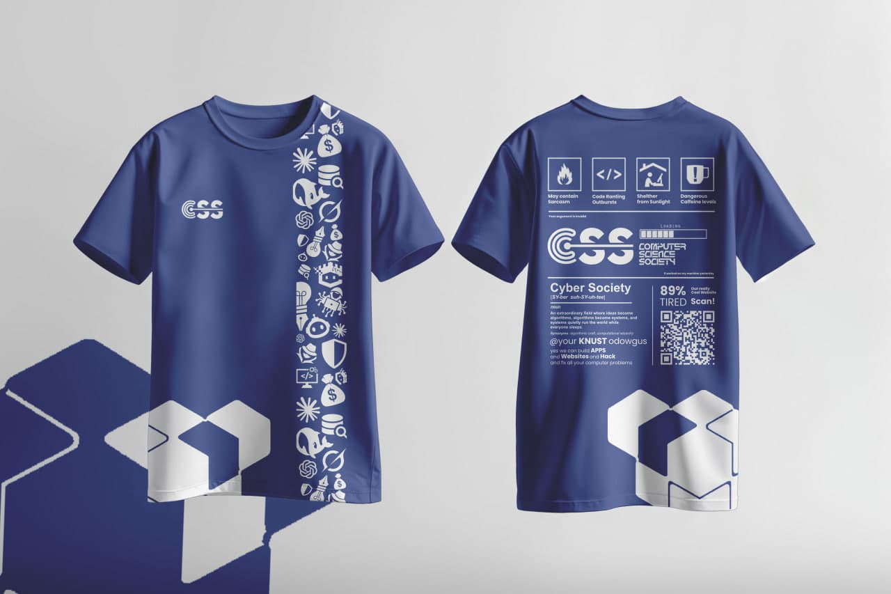 Blue Screen: Blue CSS Tee with White print, front and back