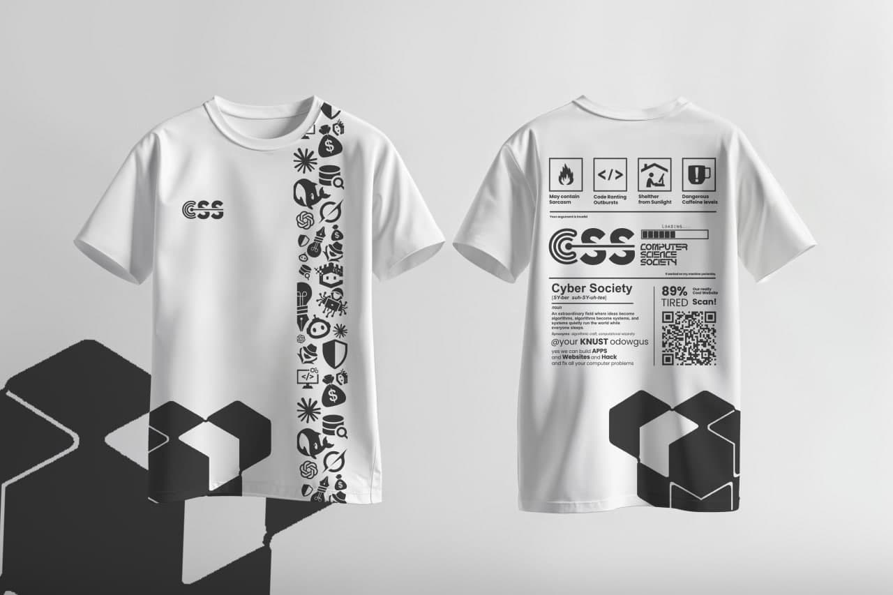 Light Mode: White CSS Tee with Black print, front and back
